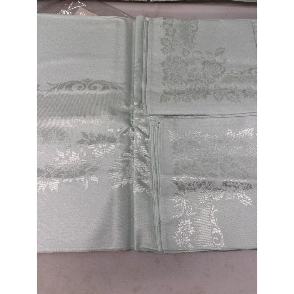 Vtg Japan Damask Tablecloth 60x90 8 Napkins Floral Park Mint Green Lt Aqua NOS